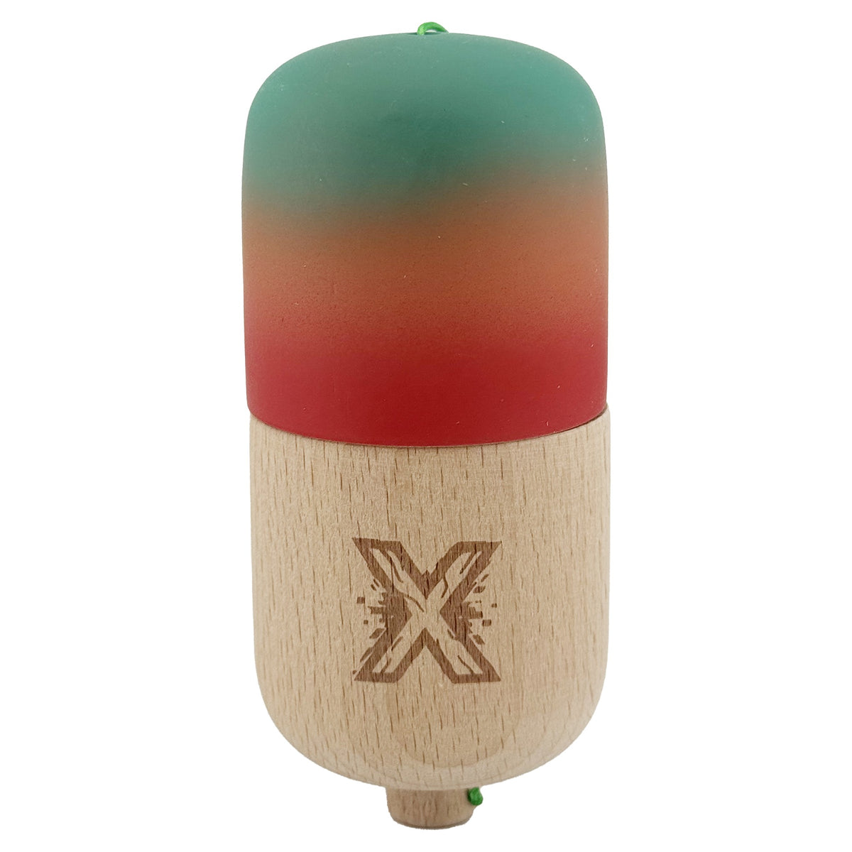 Kendama Pill X Profesionala, Joc de Indemanare Tip Pilula, Invelis Rubber Grip pentru Aderenta, Lemn de Artar, 11 x 5 x 5 cm, Design Gradient Verde-Portocaliu-Rosu