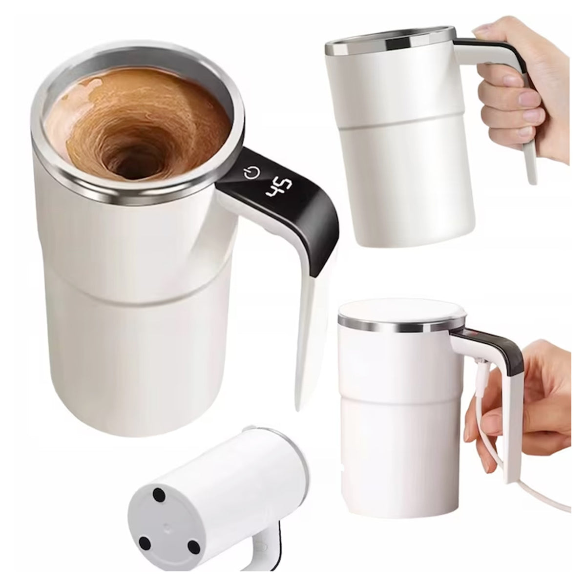 Cana Termica cu Auto-Amestecare si Ecran LCD, Afisaj Temperatura, Incarcare USB, Otel Inoxidabil, 13.8 x 8 cm, Alb