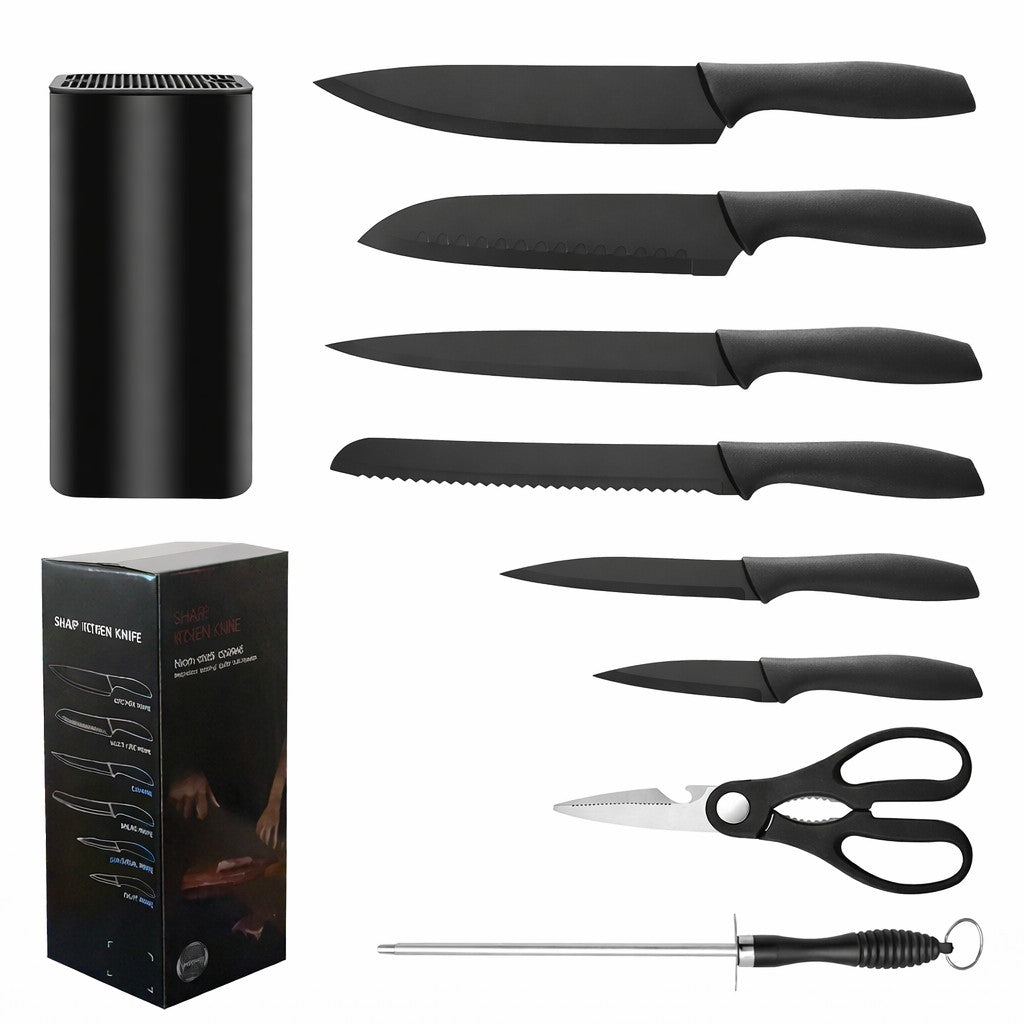 Set Cutite Bucatarie 9 Piese, Lame Otel Inoxidabil Antiaderente, Include Suport, Tija de Ascutire si Foarfeca, 31 x 10 x 10 cm, Negru