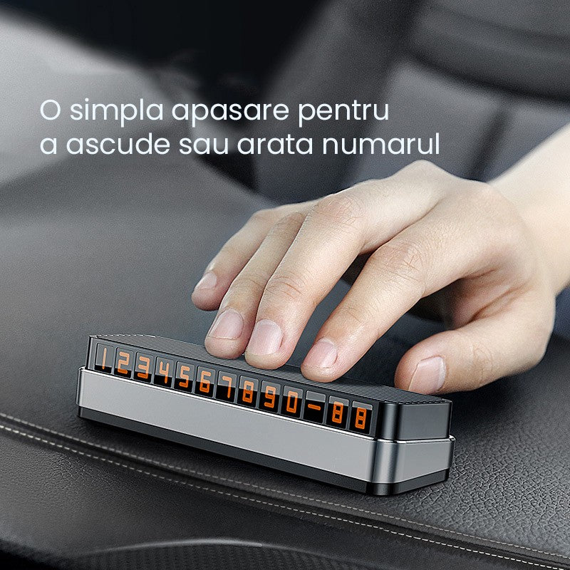 Suport Numar Telefon Parcare Auto, Sistem Pop-Up pentru Ascundere, Fixare Bord cu Banda Adeziva, 150 x 52 x 60 mm, Cifre Rosii, Space Gray