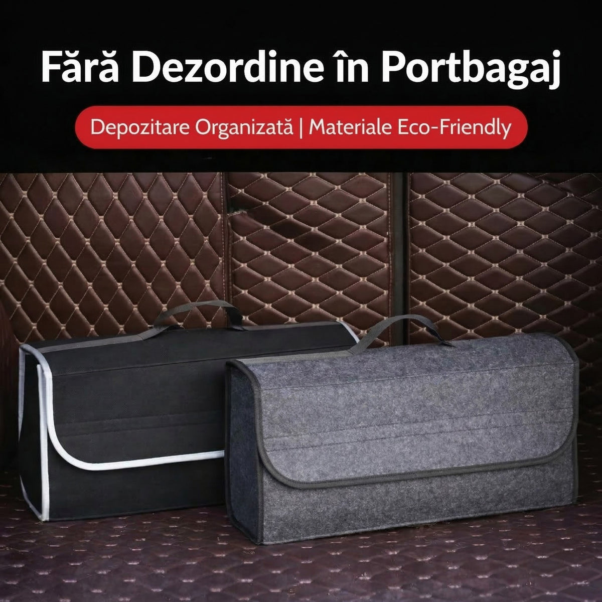 Organizator Portbagaj Auto Pliabil, Cutie Depozitare Multifunctionala, Material Oxford si Textil Non-Woven, 50 x 17 x 24 cm, Negru/Gri