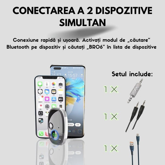 Adaptor Audio Auto Bluetooth 5.0, Receptor Wireless Auxiliar cu Asistenta Vocala, Conector Jack 3.5 mm, pentru Sistem Audio Masina si Smartphone, Negru