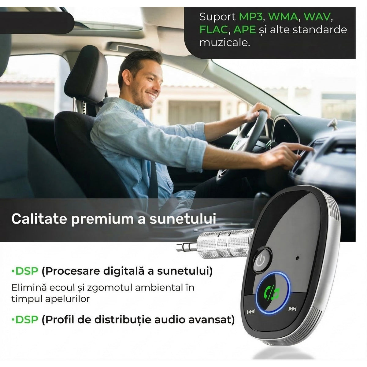 Adaptor Audio Auto Bluetooth 5.0, Receptor Wireless Auxiliar cu Asistenta Vocala, Conector Jack 3.5 mm, pentru Sistem Audio Masina si Smartphone, Negru