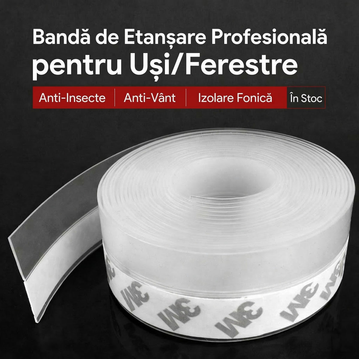 Banda Etansare Usa si Geam, Izolare Termica si Fonica Weatherproof, Flexibila si Rezistenta la Temperaturi Extreme, Silicon Transparent, 3.5 cm x 5 m