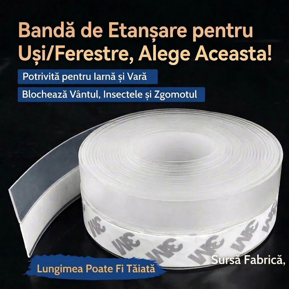 Banda Etansare Usa si Geam, Izolare Termica si Fonica Weatherproof, Flexibila si Rezistenta la Temperaturi Extreme, Silicon Transparent, 3.5 cm x 5 m