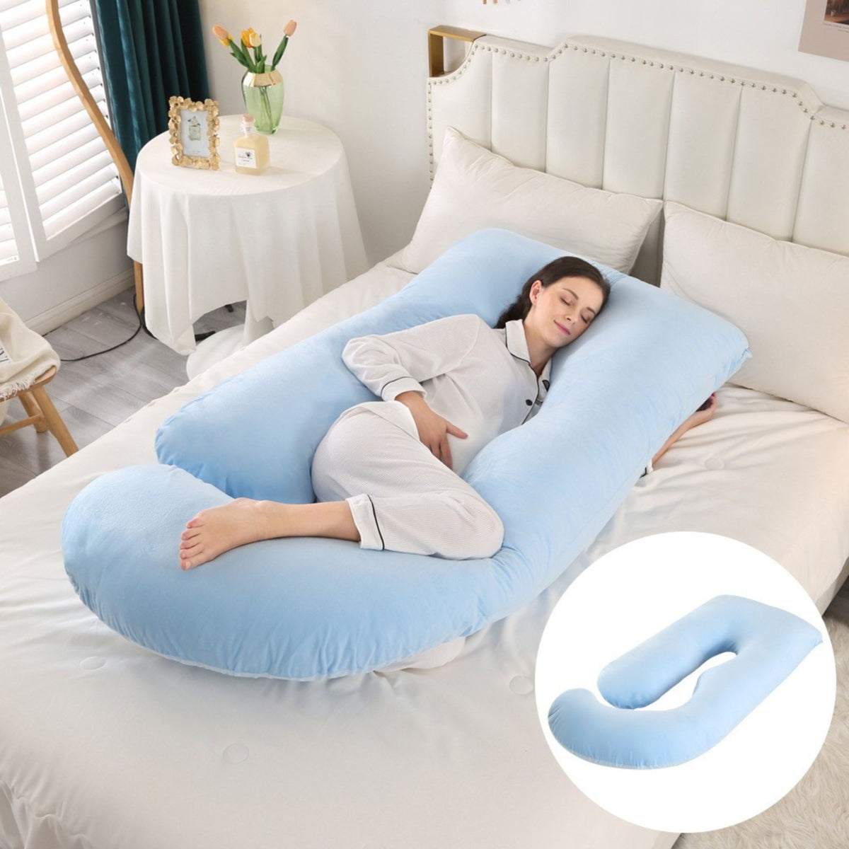 Perna pentru Gravide si Sarcina, Forma Ergonomica Tip J, Suport Lombar si Abdominal, Husa Detasabila si Lavabila, Umplutura Poliester, 155 x 75 x 60 cm, Albastru Deschis