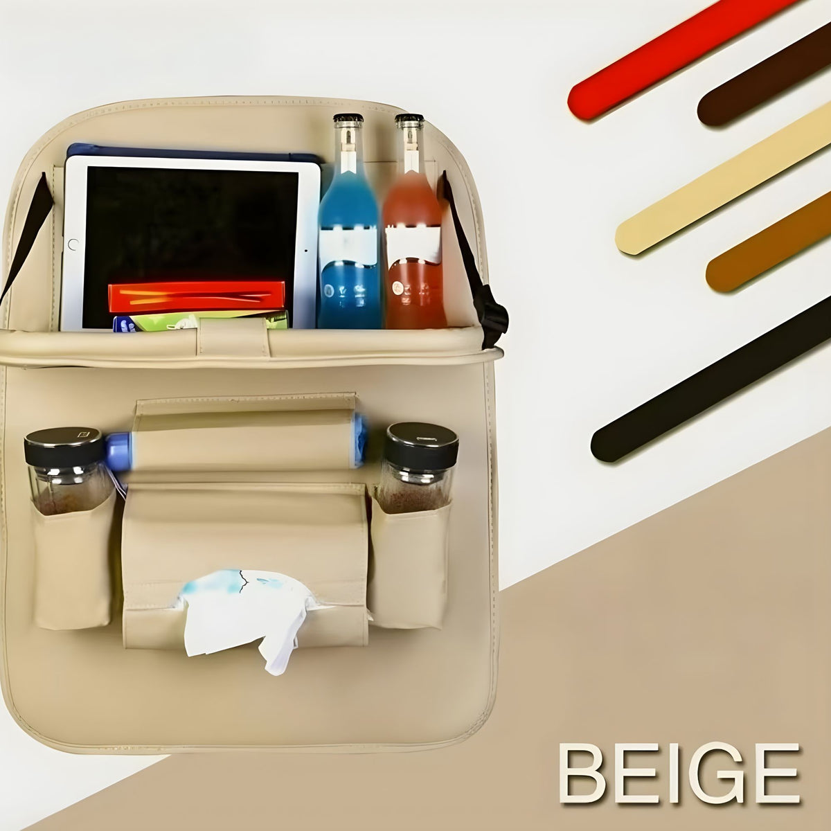 Organizator Spate Scaun Auto cu Masa Pliabila, Suport Tableta si 6 Compartimente, Piele Ecologica Impermeabila, Protectie Tapiterie, 40 x 63 cm, Bej