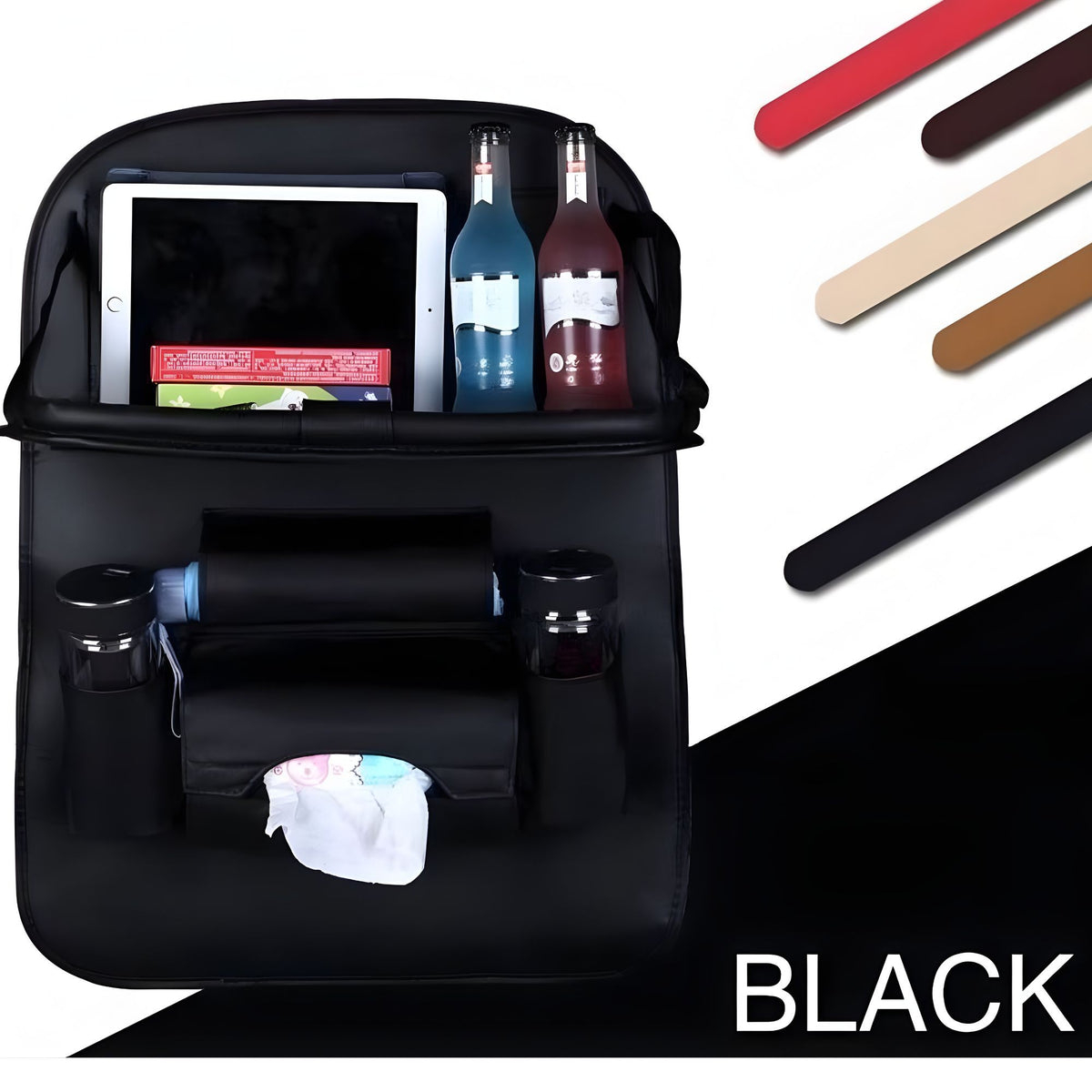 Organizator Spate Scaun Auto cu Masa Pliabila, Suport Tableta si 6 Compartimente Depozitare, Protectie Spatar Impermeabila, Piele Ecologica, 43 x 60 cm, Negru