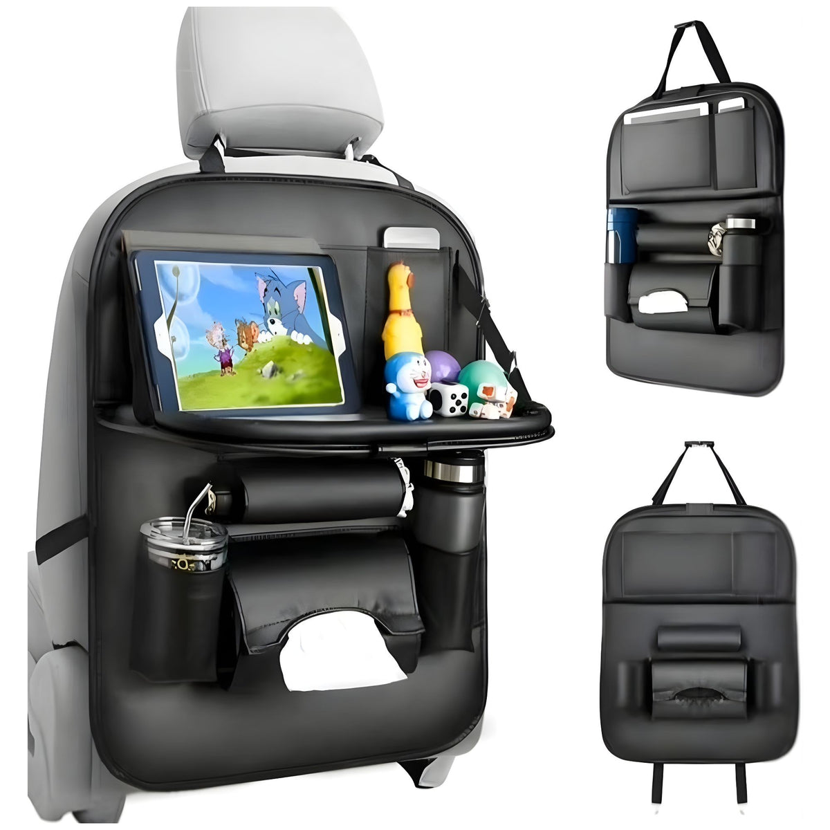Organizator Spate Scaun Auto cu Masa Pliabila, Suport Tableta si 6 Compartimente Depozitare, Protectie Spatar Impermeabila, Piele Ecologica, 43 x 60 cm, Negru