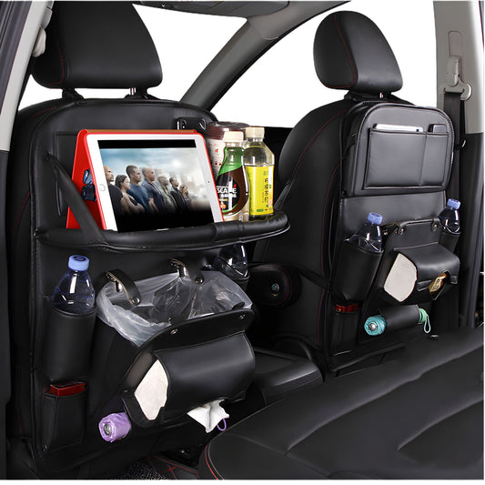 Organizator Spate Scaun Auto cu Masa Pliabila, Suport Tableta si 6 Compartimente Depozitare, Protectie Spatar Impermeabila, Piele Ecologica, 43 x 60 cm, Negru