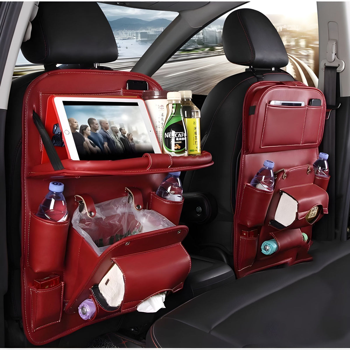 Organizator Scaun Auto cu Masa Pliabila si 6 Compartimente, Protectie Spatar Impermeabila, Suport Tableta, Piele Ecologica, 43 x 60 cm, Bordo