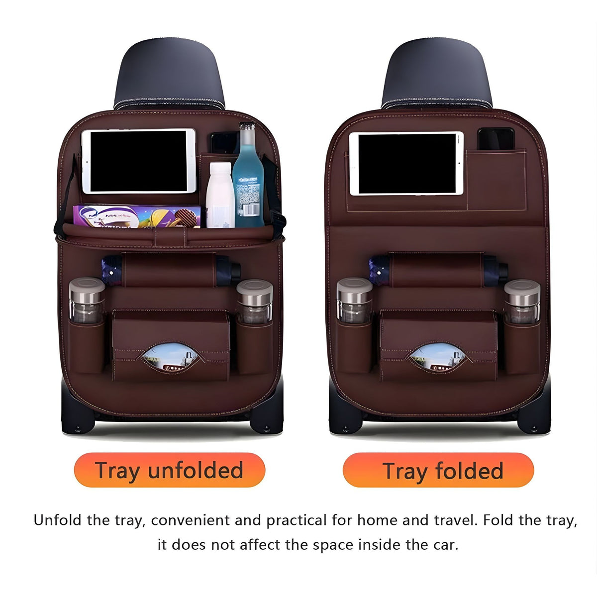 Organizator Scaun Auto cu Masa Pliabila si 6 Compartimente, Protectie Spatar Impermeabila, Suport Tableta, Piele Ecologica, 43 x 60 cm, Bordo