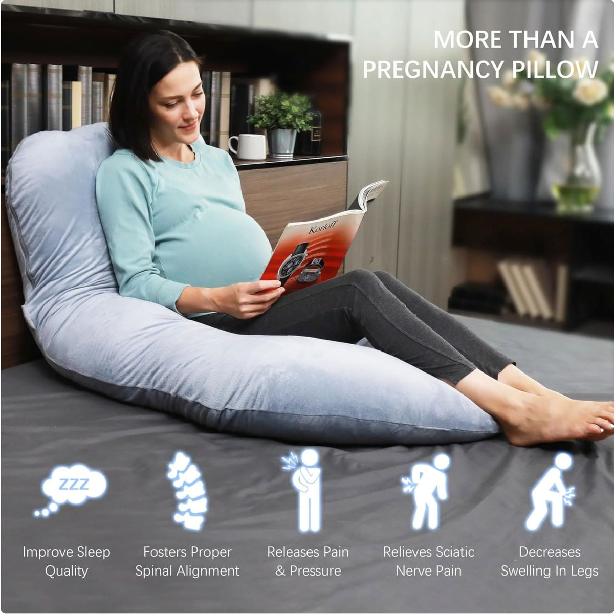 Perna pentru Gravide si Sarcina, Design Ergonomic Tip J, Suport Lombar si Abdominal, Husa Lavabila, Umplutura Poliester, 155 x 75 x 60 cm, Gri
