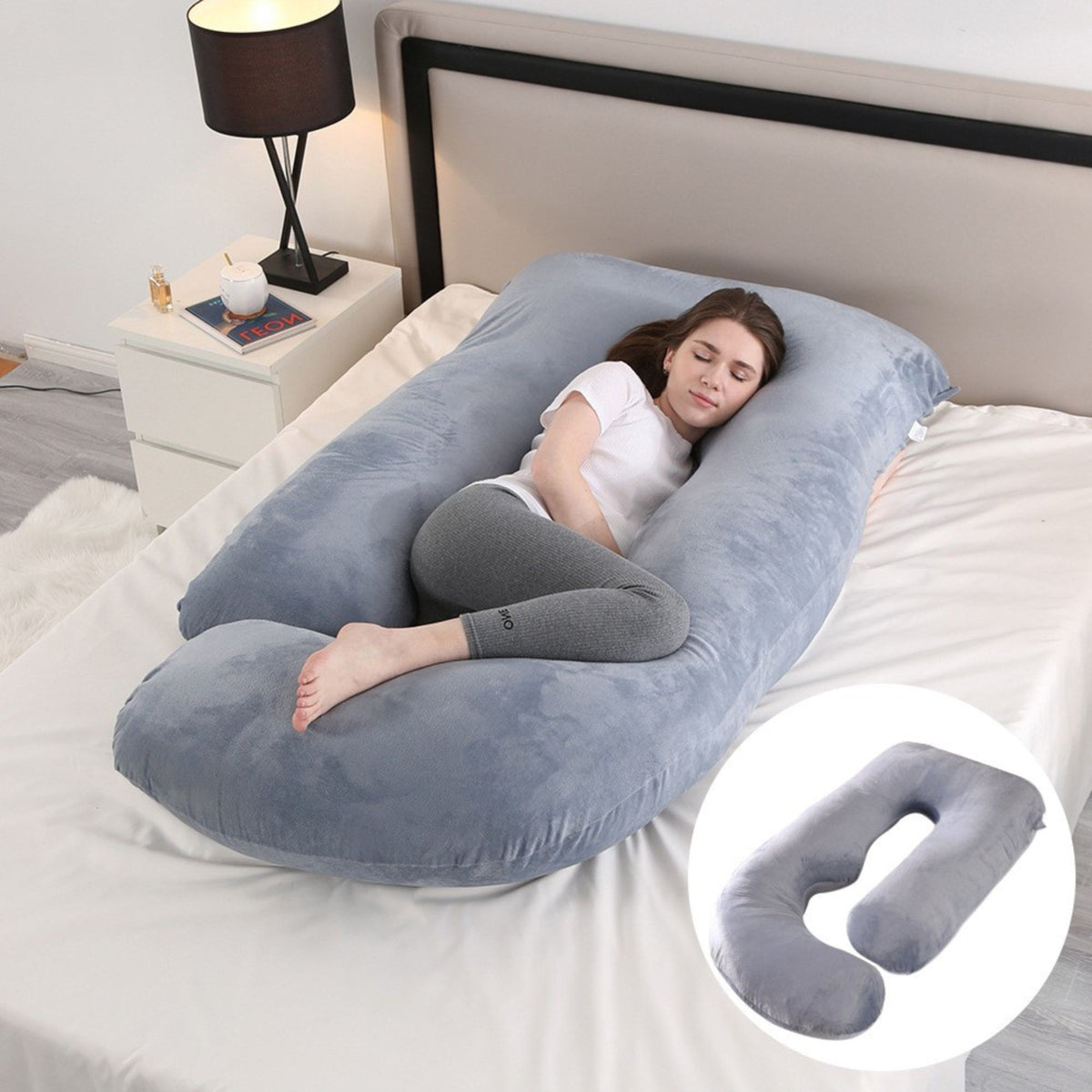 Perna pentru Gravide si Sarcina, Design Ergonomic Tip J, Suport Lombar si Abdominal, Husa Lavabila, Umplutura Poliester, 155 x 75 x 60 cm, Gri