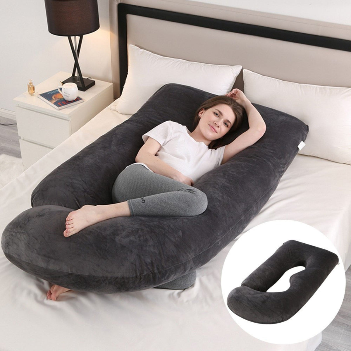 Perna pentru Gravide si Sarcina, Design Ergonomic Tip J, Suport Lombar si Abdominal, Captuseala Poliester, Husa Detasabila si Lavabila, 155 x 75 x 60 cm, Negru