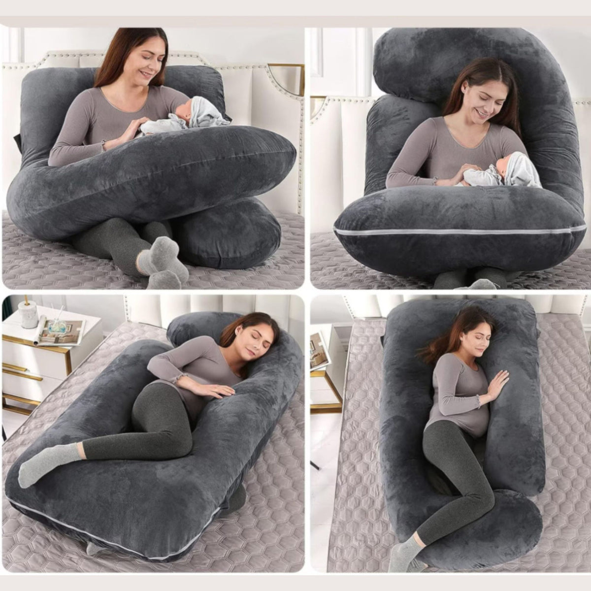Perna pentru Gravide si Sarcina, Design Ergonomic Tip J, Suport Lombar si Abdominal, Captuseala Poliester, Husa Detasabila si Lavabila, 155 x 75 x 60 cm, Negru