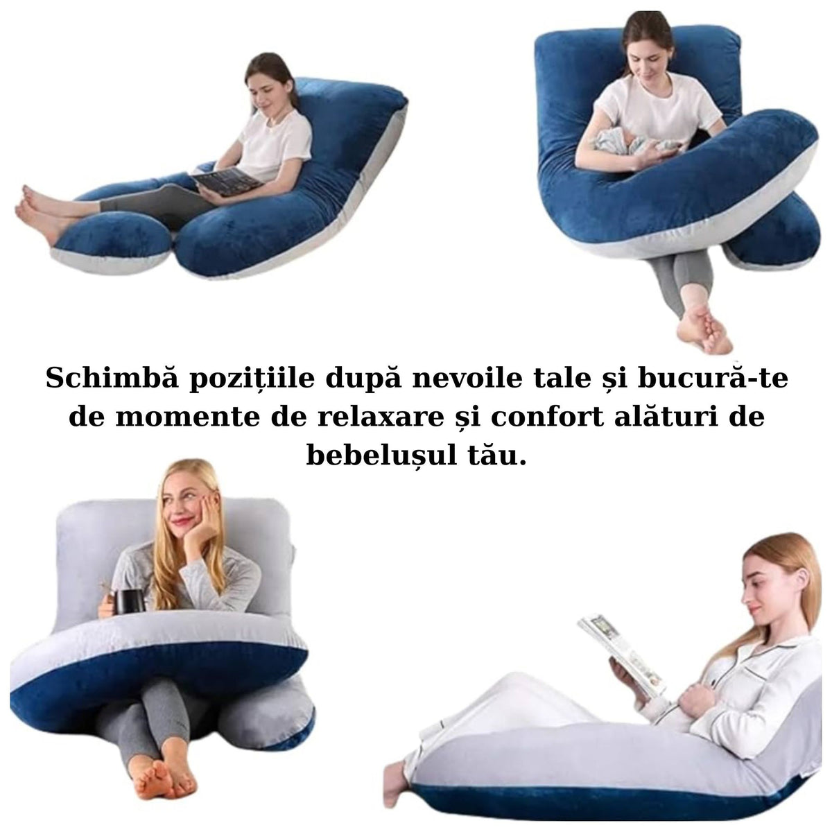 Perna pentru Gravide si Sarcina, Design Ergonomic Tip J, Husa Detasabila si Lavabila, Umplutura Poliester, 155 x 75 x 60 cm, Bleumarin/Gri Deschis
