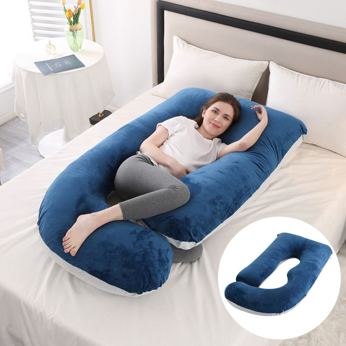 Perna pentru Gravide si Sarcina, Design Ergonomic Tip J, Husa Detasabila si Lavabila, Umplutura Poliester, 155 x 75 x 60 cm, Bleumarin/Gri Deschis