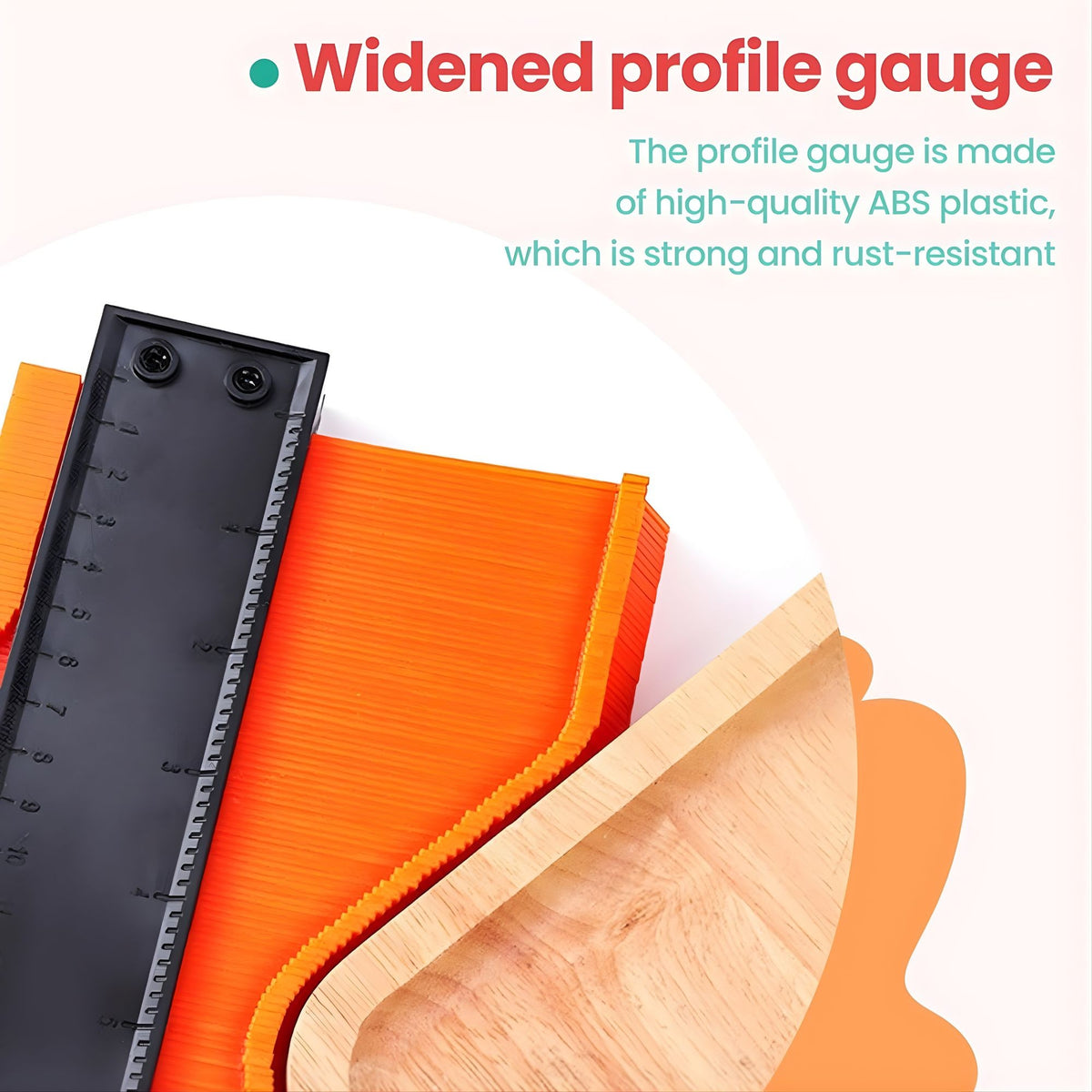 Sablon Masurare Contur, Profile Gauge pentru Copiere Forme Neregulate si Unghiuri, Rigla Integrata, Pini Mobili, Plastic Rezistent, 14.6 x 10.5 cm, Portocaliu/Negru
