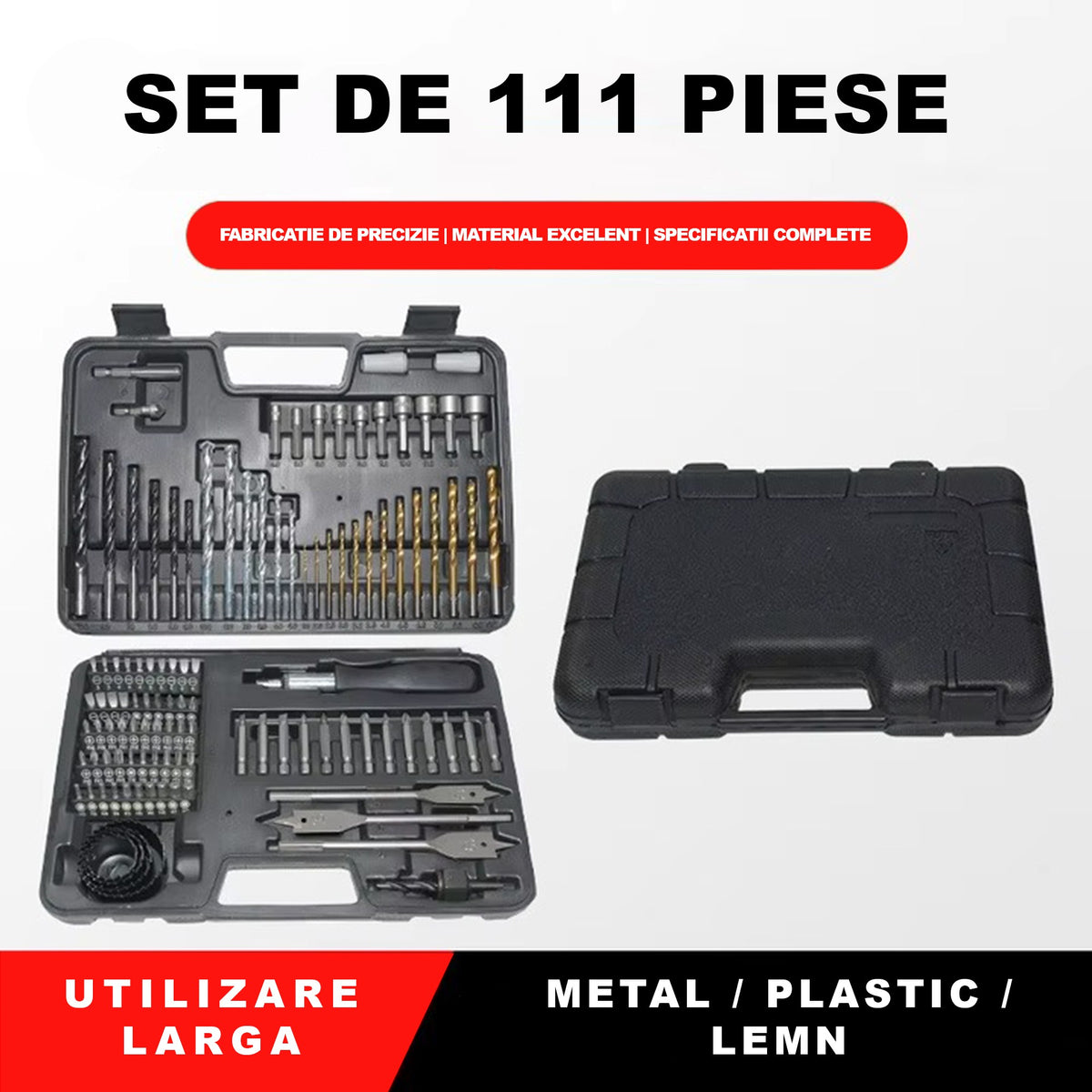 Set Scule Profesionale pentru Gaurire si Insurubare, Burghie Lemn, Metal si Zidarie, Otel Tratat, Cutie Transport, 111 Piese, 30 x 20 x 6 cm, Negru