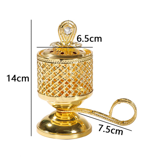 Arzator de Tamaie cu Carbune, Suport Oriental pentru Meditatie cu Capac Anti-Cenusa si Maner, Metal, 14 x 6.5 cm, Auriu