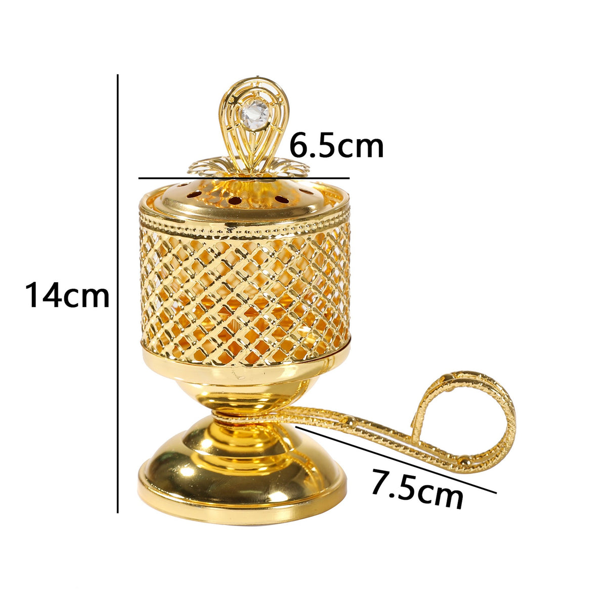 Arzator de Tamaie cu Carbune, Suport Oriental pentru Meditatie cu Capac Anti-Cenusa si Maner, Metal, 14 x 6.5 cm, Auriu