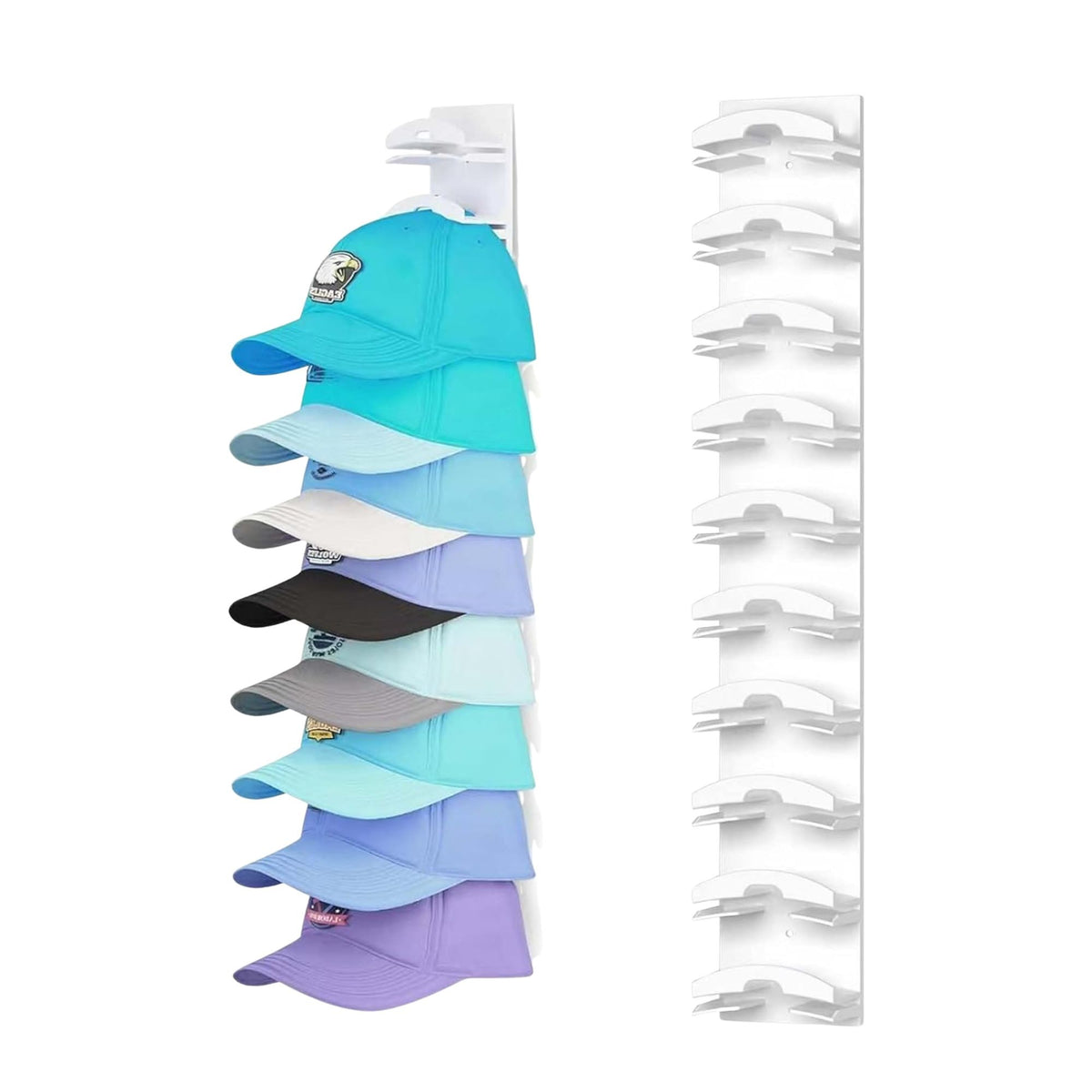 Suport pentru Sepci si Palarii, Organizator Vertical de Perete cu 10 Sloturi, Montaj Adeziv sau Suruburi, Plastic, 35.5 x 6 x 3.3 cm, Alb