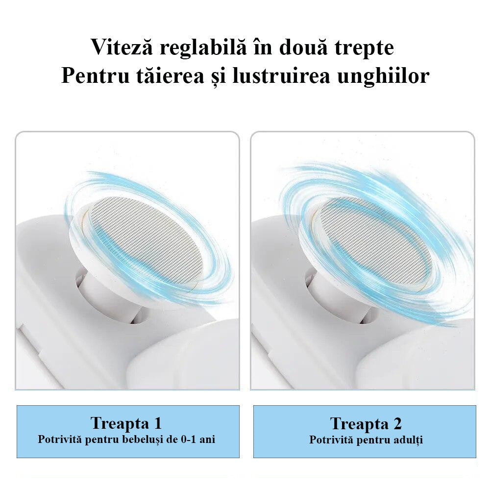 Unghiera Electrica Automata 2 in 1 pentru Taiat si Slefuit, 2 Viteze, Lumina LED si Compartiment Resturi, Silentioasa, Incarcare USB-C, ABS, 8.5 x 6.8 x 3.3 cm, Violet