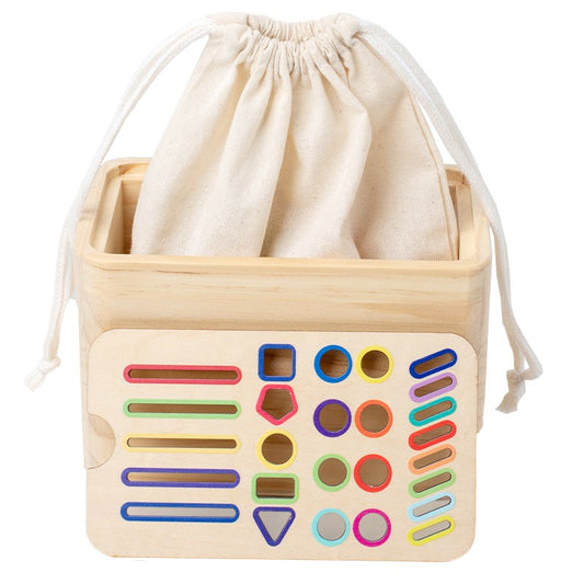 Jucarie Educativa Montessori, Cutie Sortare Forme si Culori, Joc de Insirare si Motricitate Fina, Lemn Natural, 56 Piese, Multicolor