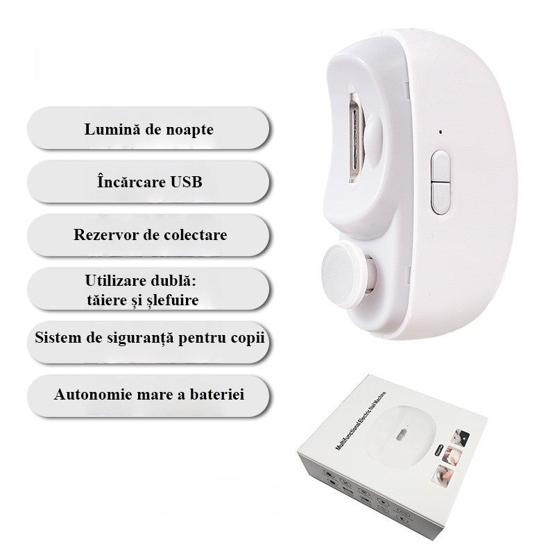Unghiera Electrica 2 in 1 pentru Taiat si Slefuit, 2 Viteze, Lumina LED si Compartiment Resturi, Silentioasa 65 dB, Incarcare USB-C, ABS, 8.5 x 6.8 x 3.3 cm, Alb