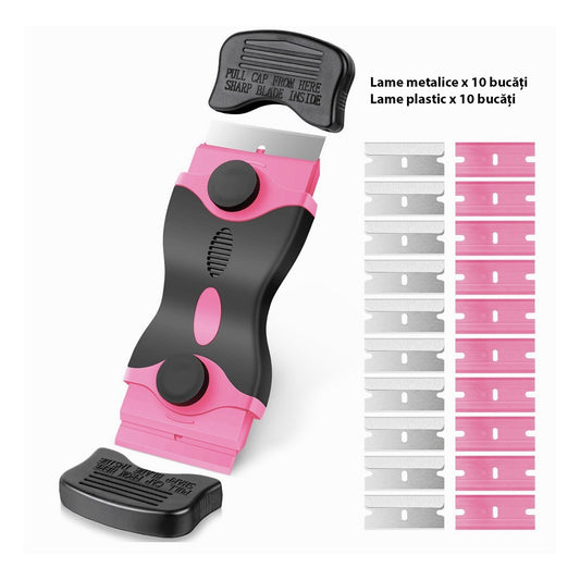 Racleta Multifunctionala pentru Curatare Sticla si Ceramica, Maner Ergonomic Anti-Alunecare, Plastic si Metal, Include 20 Lame Rezerva, 12.5 x 4.5 cm, Roz