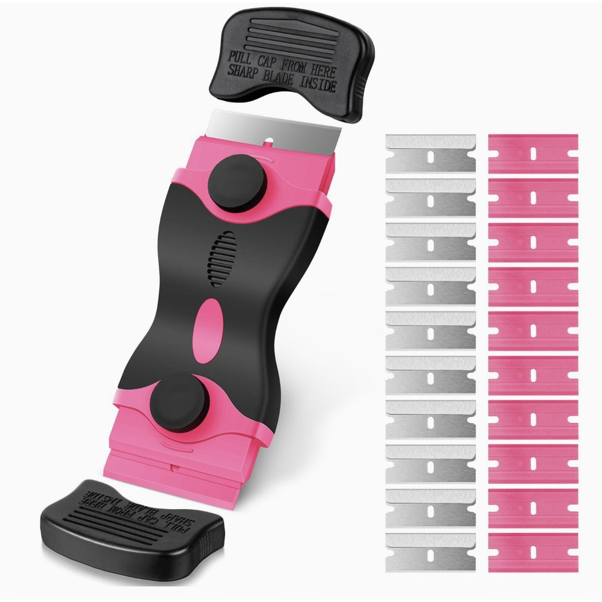 Racleta Multifunctionala pentru Curatare Sticla si Ceramica, Maner Ergonomic Anti-Alunecare, Plastic si Metal, Include 20 Lame Rezerva, 12.5 x 4.5 cm, Roz