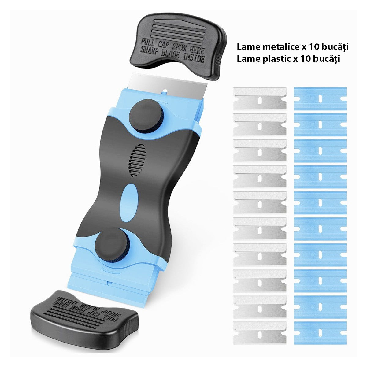 Racleta Multifunctionala pentru Curatare Sticla si Ceramica, Maner Ergonomic Anti-alunecare, Plastic si Metal, 12.5 x 4.5 cm, Include 20 Lame Schimb, Albastru