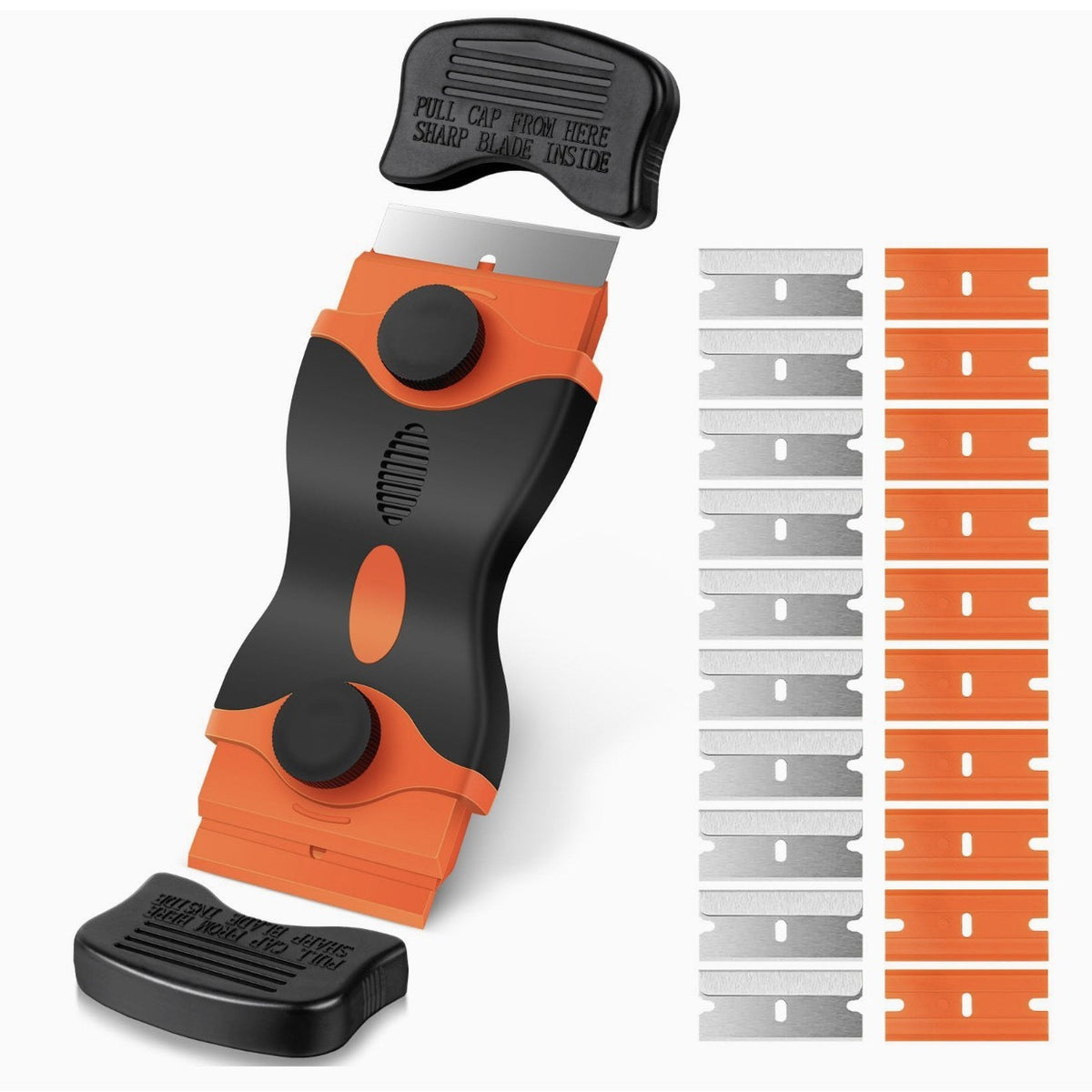 Racleta Multifunctionala pentru Curatare Sticla si Ceramica, Maner Ergonomic Anti-alunecare, Plastic si Metal, 12.5 x 4.5 cm, Include 20 Lame Schimb, Portocaliu