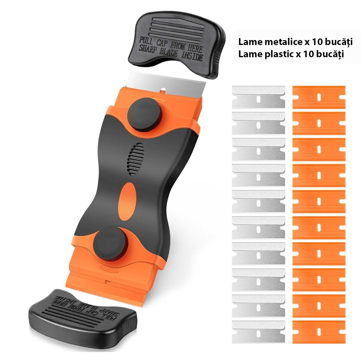 Racleta Multifunctionala pentru Curatare Sticla si Ceramica, Maner Ergonomic Anti-alunecare, Plastic si Metal, 12.5 x 4.5 cm, Include 20 Lame Schimb, Portocaliu