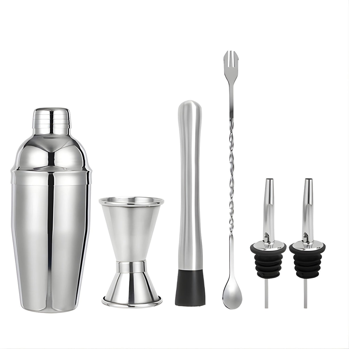 Set Barman Preparare Cocktail, Kit Accesorii Mixologie cu Shaker 750ml, Masura Dubla, Pistil, Lingura si 2 Picuratoare, Otel Inoxidabil, 6 Piese, Argintiu