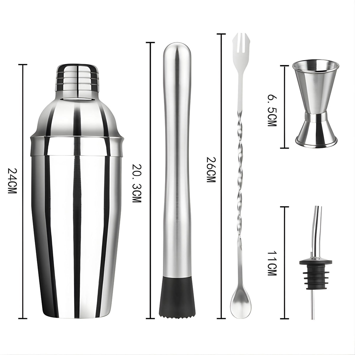 Set Barman Preparare Cocktail, Kit Accesorii Mixologie cu Shaker 750ml, Masura Dubla, Pistil, Lingura si 2 Picuratoare, Otel Inoxidabil, 6 Piese, Argintiu