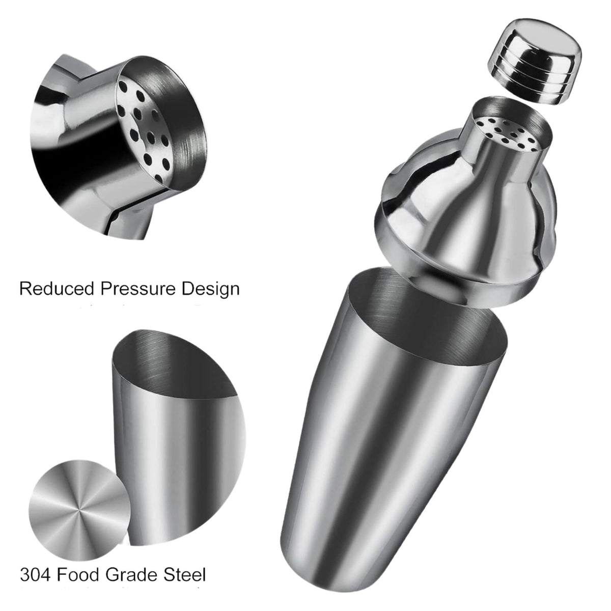 Set Barman Preparare Cocktail, Kit Accesorii Mixologie cu Shaker 750ml, Masura Dubla, Pistil, Lingura si 2 Picuratoare, Otel Inoxidabil, 6 Piese, Argintiu