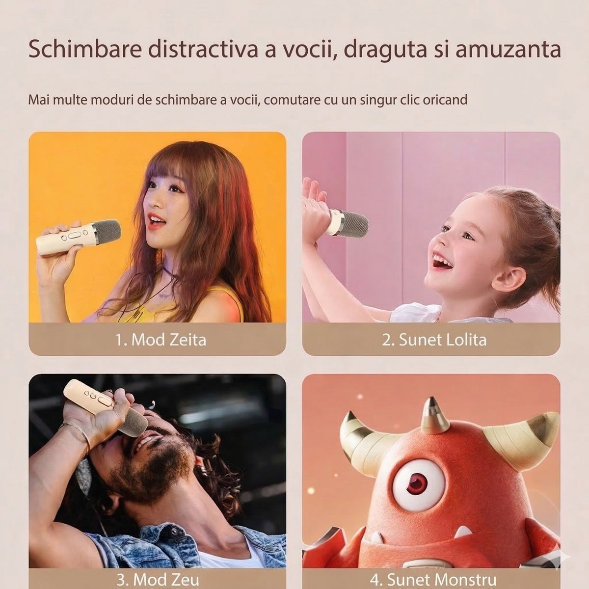 Boxa Portabila Karaoke Pentru Copii, Bluetooth 5.3, Set 2 Microfoane Wireless, Lumini LED RGB, 5 Efecte Vocale, Incarcare USB-C, 14 x 11 cm, Roz