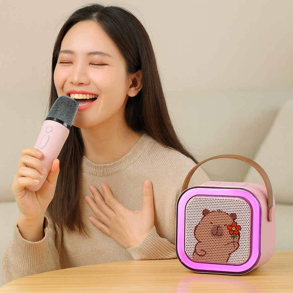 Boxa Portabila Karaoke Pentru Copii, Bluetooth 5.3, Set 2 Microfoane Wireless, Lumini LED RGB, 5 Efecte Vocale, Incarcare USB-C, 14 x 11 cm, Roz