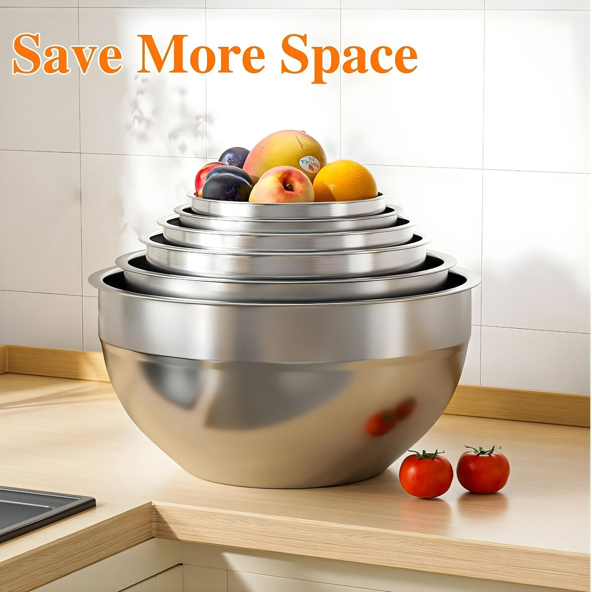 Set 6 Boluri pentru Mixare si Depozitare, Capace Ermetice si 3 Accesorii Razuire, Interior Gradat, Inox Premium 304, Design Nestable, Argintiu, 0.7-4.5 L