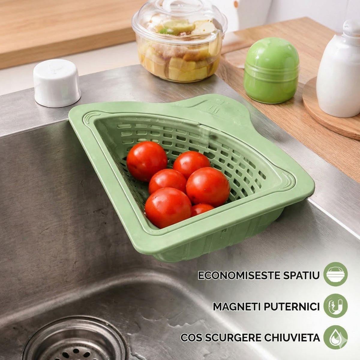 Cos Scurgere Chiuveta, Strecuratoare Triunghiulara pentru Resturi Alimentare si Legume, Suport Depozitare Burete, Plastic Perforat, 23 x 9.5 x 6 cm, Verde