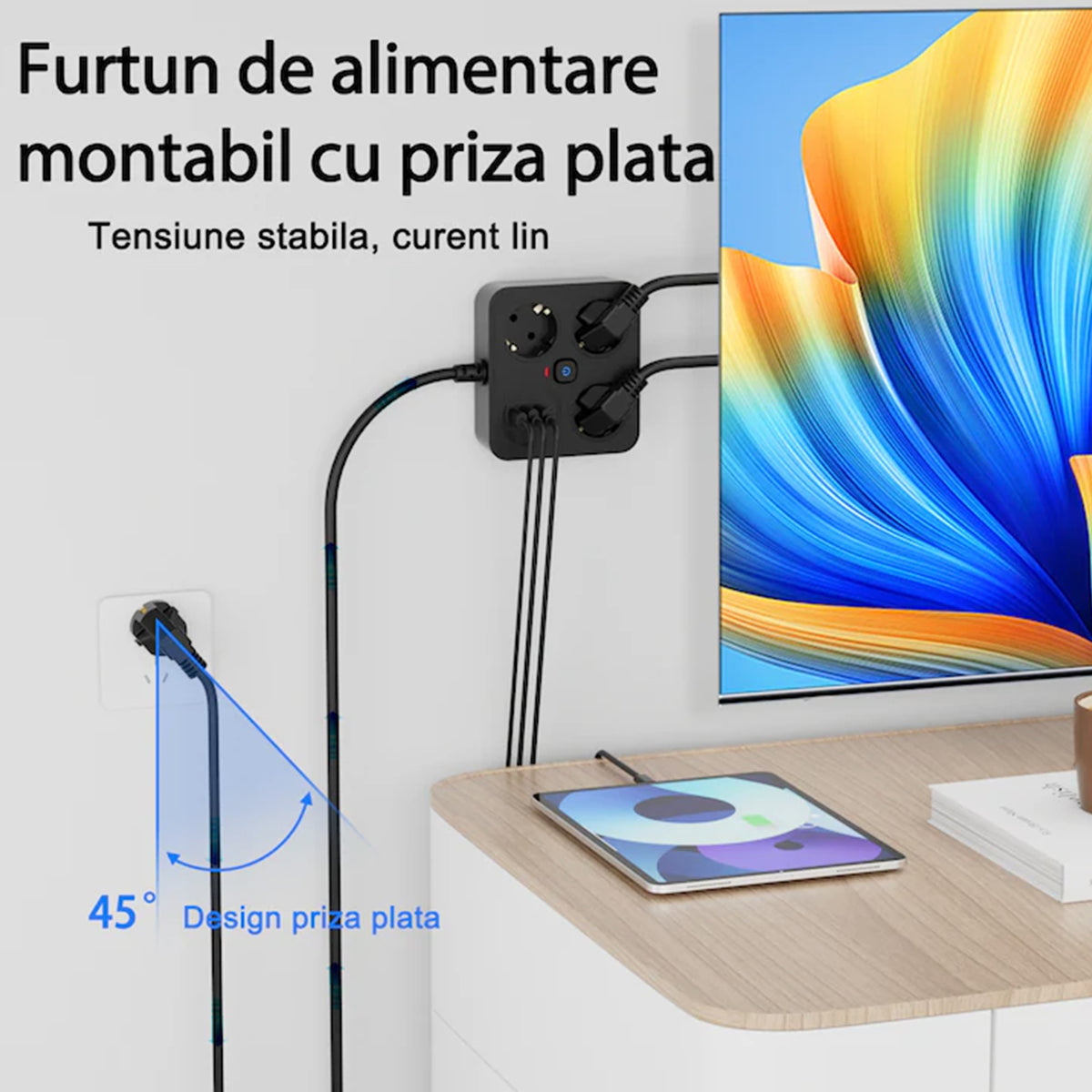 Prelungitor Multifunctional pentru Birou, 3 Prize Schuko, 2 Porturi USB-A si 2 USB-C, Suport Telefon, Material Ignifug, 3250W, Cablu 2 m, Negru
