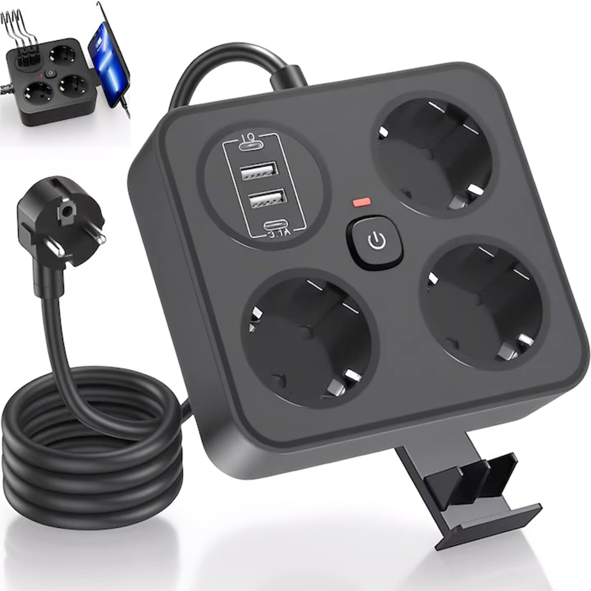 Prelungitor Multifunctional pentru Birou, 3 Prize Schuko, 2 Porturi USB-A si 2 USB-C, Suport Telefon, Material Ignifug, 3250W, Cablu 2 m, Negru