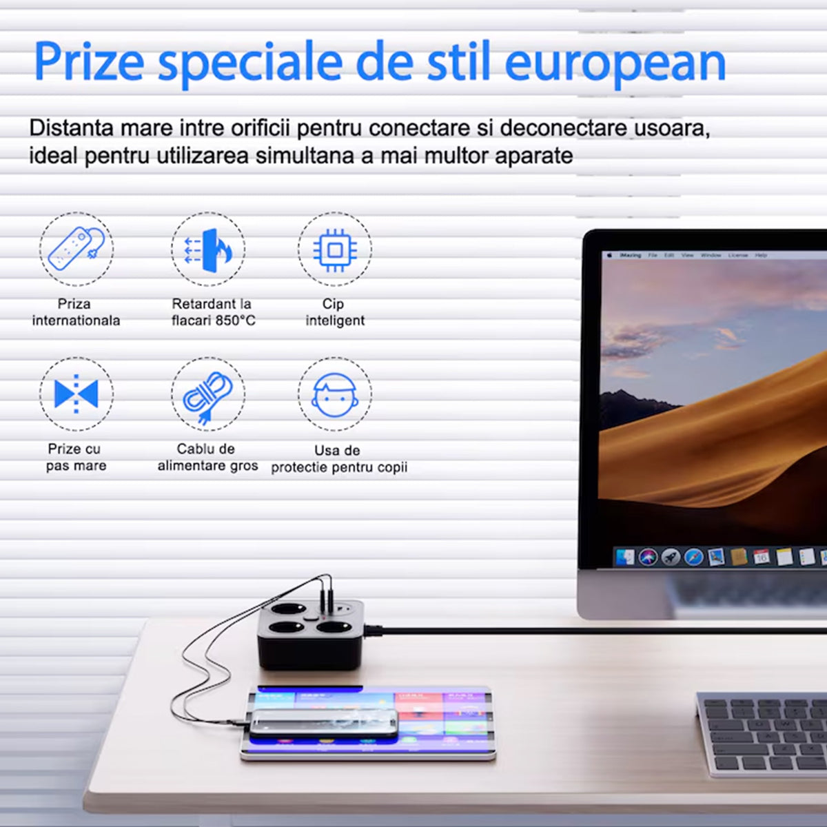 Prelungitor Multifunctional pentru Birou, 3 Prize Schuko, 2 Porturi USB-A si 2 USB-C, Suport Telefon, Material Ignifug, 3250W, Cablu 2 m, Negru