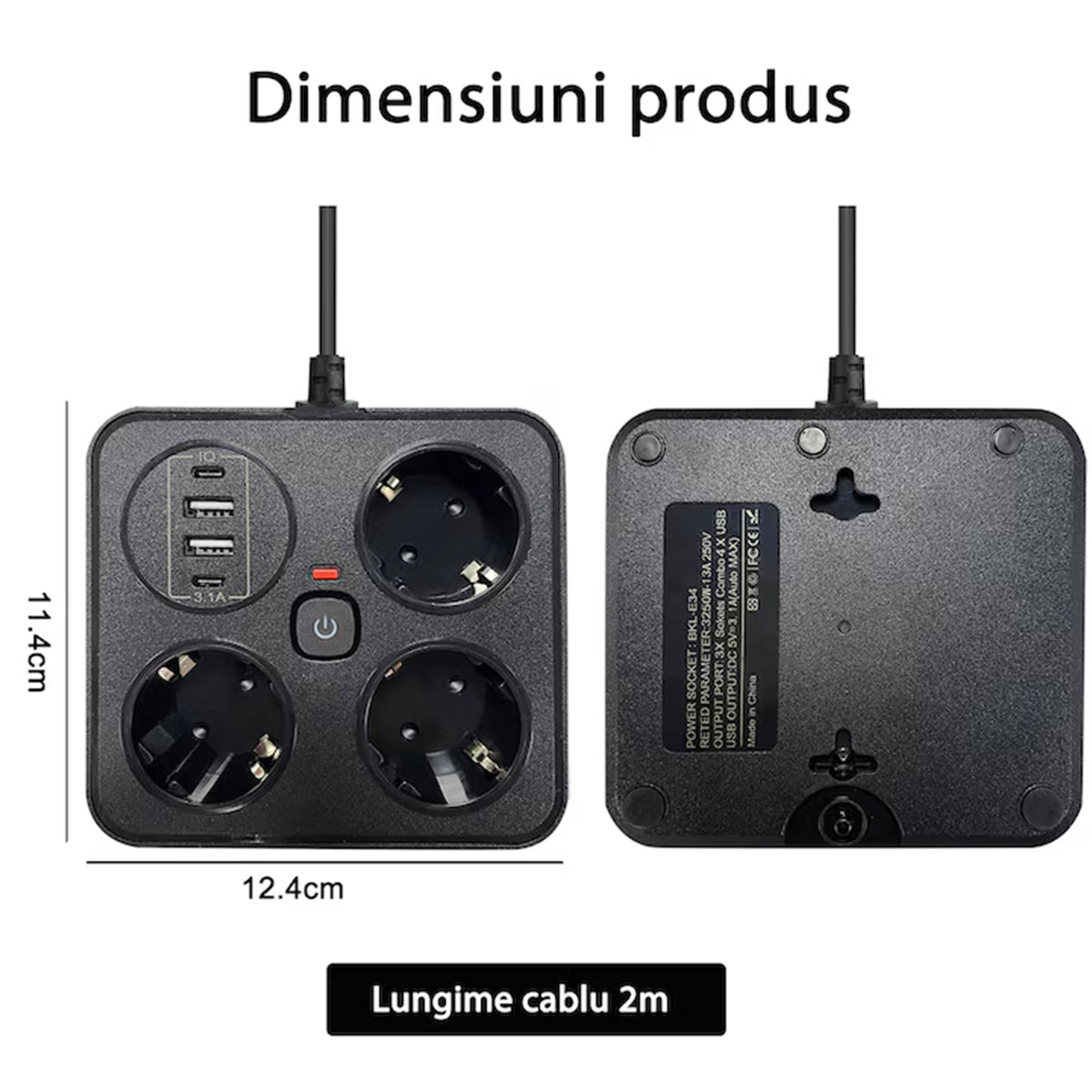 Prelungitor Multifunctional pentru Birou, 3 Prize Schuko, 2 Porturi USB-A si 2 USB-C, Suport Telefon, Material Ignifug, 3250W, Cablu 2 m, Negru