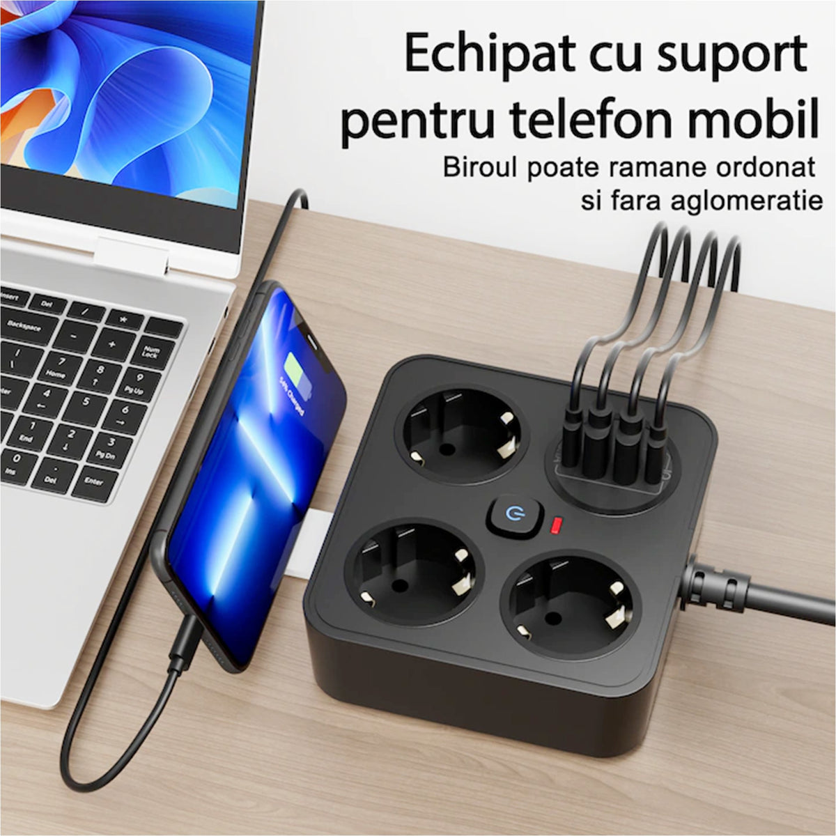 Prelungitor Multifunctional pentru Birou, 3 Prize Schuko, 2 Porturi USB-A si 2 USB-C, Suport Telefon, Material Ignifug, 3250W, Cablu 2 m, Negru