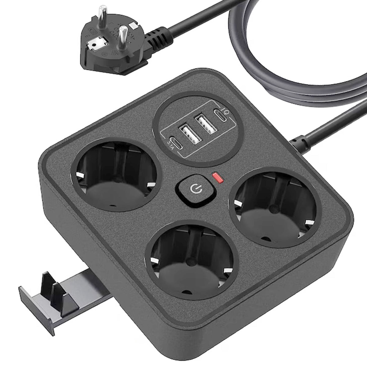 Prelungitor Multifunctional pentru Birou, 3 Prize Schuko, 2 Porturi USB-A si 2 USB-C, Suport Telefon, Material Ignifug, 3250W, Cablu 2 m, Negru