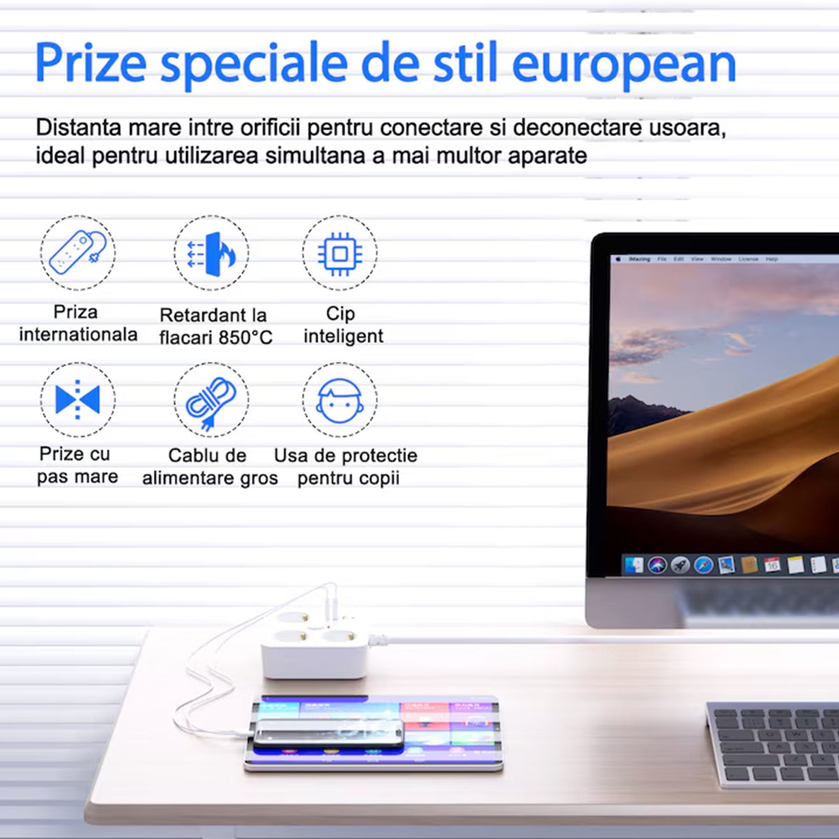 Prelungitor Multifunctional pentru Birou, 3 Prize Schuko, 2 Porturi USB-A si 2 USB-C, Suport Telefon, Material Ignifug, 3250W, Cablu 2 m, 11.4 x 12.4 cm, Alb