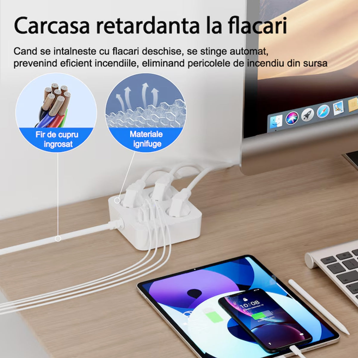 Prelungitor Multifunctional pentru Birou, 3 Prize Schuko, 2 Porturi USB-A si 2 USB-C, Suport Telefon, Material Ignifug, 3250W, Cablu 2 m, 11.4 x 12.4 cm, Alb